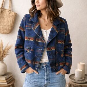 Blu Pepper Southwest Aztec Moto Spring Jacket Large Blue Boho Western